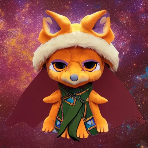 Prompt: dungeons and dragons foxfolk wizard druid as a chibi muppet plush wearing an ethereal star filled mage robe inspired by Aaravos from dragon prince, photorealistic, photography, national geographic, sesame street