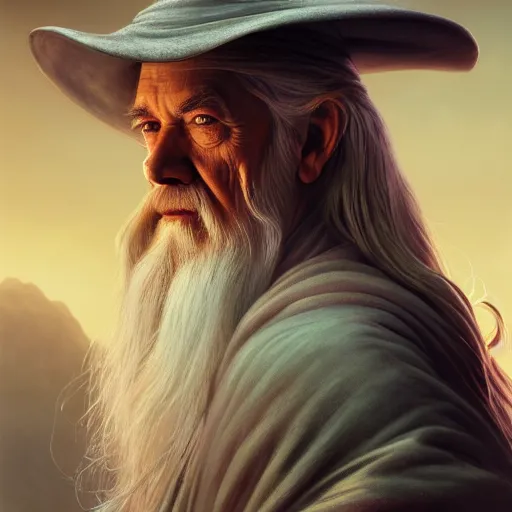 Prompt: a portrait of gandalf cinematic lighting, photorealistic, octane render, 8 k, depth of field, 3 d, art by artgerm and greg rutkowski and alphonse mucha and uang guangjian and gil elvgren and sachin ten