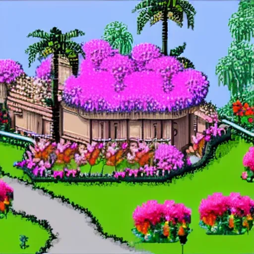 Image similar to a large house with flowers in front of it, from a Lucasarts graphic adventure game made in 1992