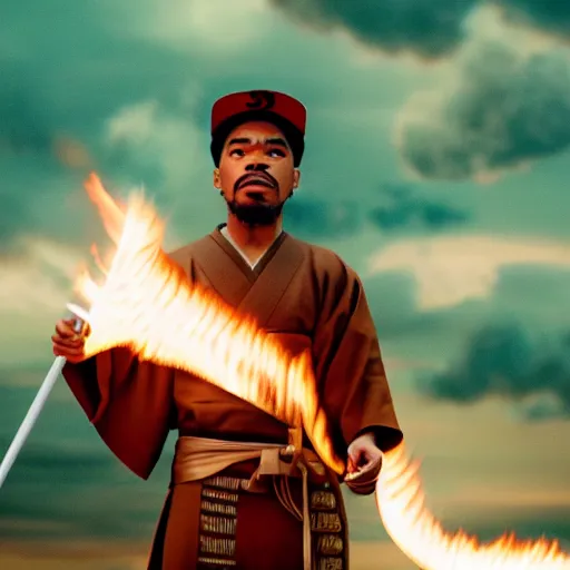 Image similar to cinematic film still of Chance The Rapper starring as a Samurai holding fire, Japanese CGI, VFX, 2022, 40mm lens, shallow depth of field, film photography