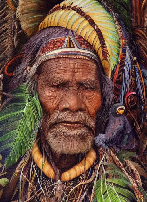 Prompt: a beautiful painting of a very old indigenous grand-father in the amazon jungle, visionary art, matte painting, ayahuasca, highly detailed