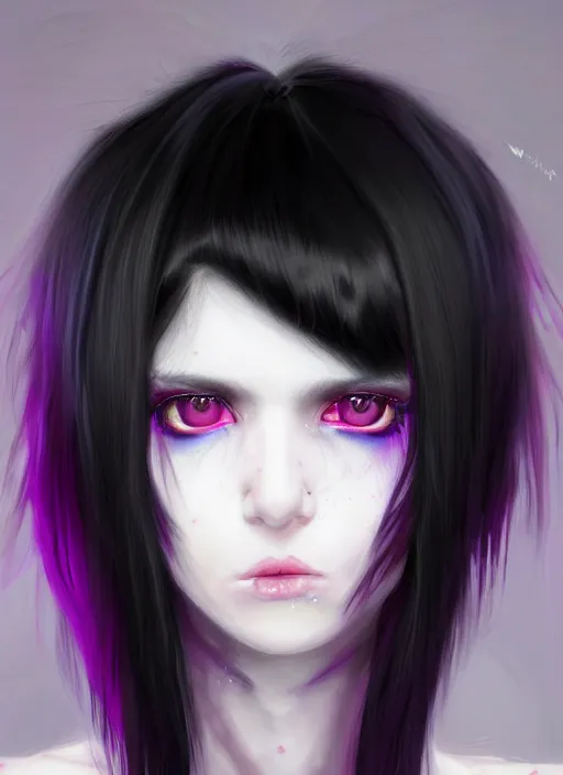 Image similar to hair blackbangs hair, white cyberlox, portrait of normal teenage girl, normal face, black bangs, messy bangs, fluffy bangs, cyberlox, whitebangs, red contact lenses, purple background, intricate, elegant, highly detailed, digital painting, artstation, concept art, sharp focus, smooth, illustration, art by wlop, mars ravelo and greg rutkowski