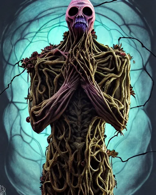 Image similar to the platonic ideal of flowers, rotting, insects and praying of cletus kasady ultimate carnage thanos dementor doctor manhattan chtulu nazgul bioshock davinci, artstation, detailed, intricate, hyperrealism, intense, scary, decay, dmt, art by brock hofer and artgerm and greg rutkowski and alphonse mucha