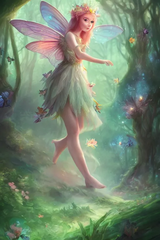 Image similar to a cute and geogerous fairy in the dreamy forest, fantasy, dreamlike, 8 k resolution, hyper detailed, d & d, character design, digital painting, trending on artstation, sharp focus, illustration, art by viktoria gavrilenko, hoang lap, fuji choko, steve zheng,