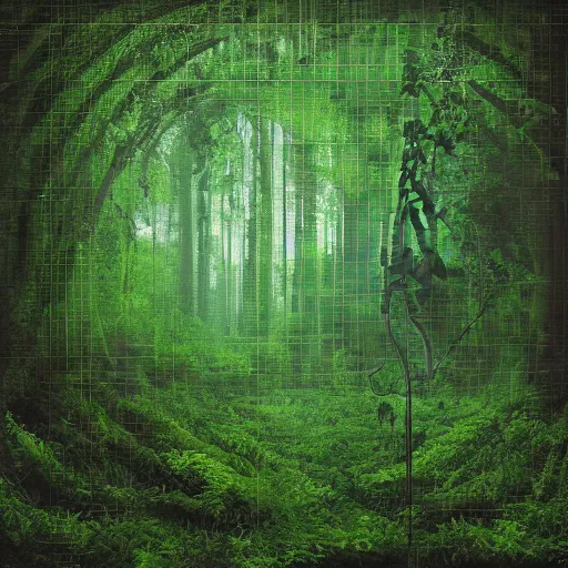 Image similar to “Dark subversive green lush forest with a magical portal at its core, photorealistic Breath of The Wild, Craig Mullinsa, 8k, ultra hd, night with a light from the window, against a matrix background, all black room and setting, glitch art, trending on artstation, high detail, 8K, CGsociety, hypermaximalist, octane render, cinematic lighting, post apocalyptic, data, code, mutek, nervous system, parametric, octane render, sci fi, glitch”