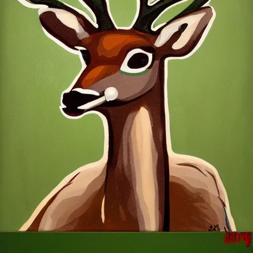 Image similar to deer with a cigarette in its mouth, stylized, artistic, great contrast, brown and green, rule of thirds, dripping paint, thick strokes, gouche