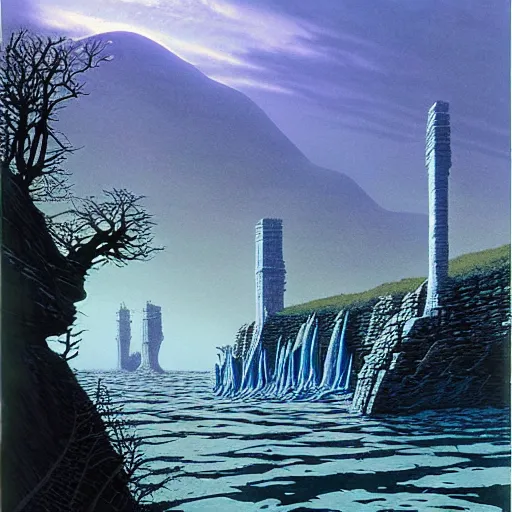 Prompt: 5 0 / 1 scale ominous shale and polished steel fortress half - submerged in the sipsey river, by michael whelan and by angus mcbride and by ted nasmith, ultra hd