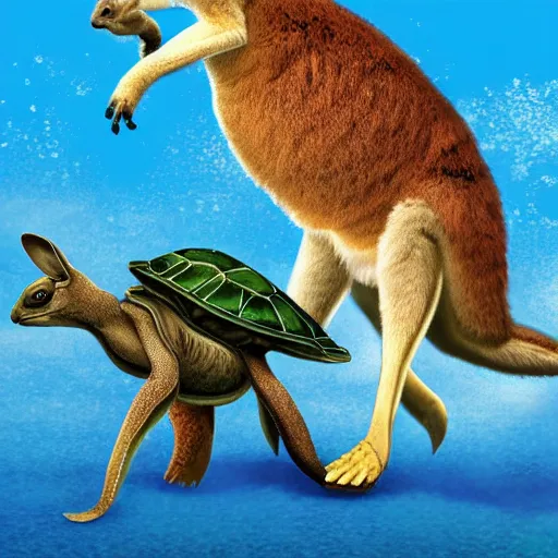 Prompt: a kangaroo fighting a turtle in an epic battle, highly detailed, 4 k