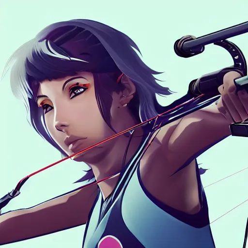 Image similar to close up, attractive sports woman in archery, a grungy cyberpunk anime, highly detailed