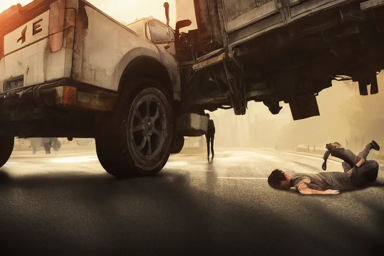 Prompt: epic concept art of traffic accident, huge truck and a man on the ground. close - up fallen man in foreground. backlight. rim light, strong contrast. by ashley wood and j. m. w. turner, speed painting, photo bash, cinematic angle, super detailing, strong perspective, traffic accident, haze over the shoulder shot