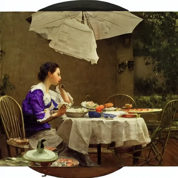 Image similar to a gorgeous housewife putting dishes on a table in the backyard, the table has a parasol, rainy scene, 1 9 5 0's, medium symmetry, by ilya repin, extreme detail, 8 k, intricate abstract, photorealistic