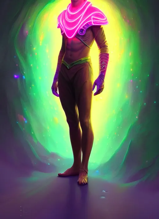 Image similar to a male faceless glowing liquefied stardust adventurer, dnd fantasy character, full body portrait, glowing neon skin, magical aura, ultra realistic, intricate, elegant, highly detailed, digital painting, artstation, smooth, sharp, focus, illustration, art by artgerm and greg rutkowski and alphonse mucha