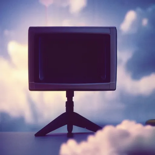 Prompt: a wide angle (((((((((close up)))))))))) professional studio photograph of a 90s television and VHS combo playing a video of clouds, key light, 50mm, shallow depth of field, no artefacts