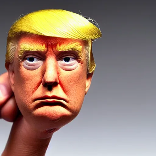 Prompt: Donald Trump realistic finger puppet, wide lens, diorama, 4k,