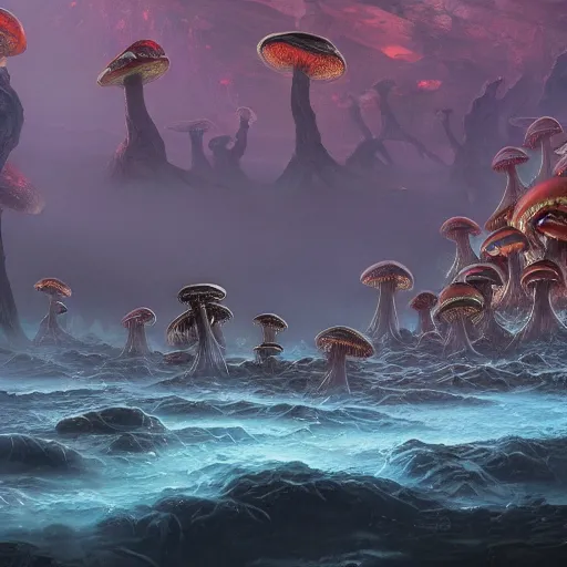 Image similar to eldritch shore scientists take their first steps on a strange alien planet full of mushrooms and other complex fungi, 8 k resolution matte painting trending on artstation an