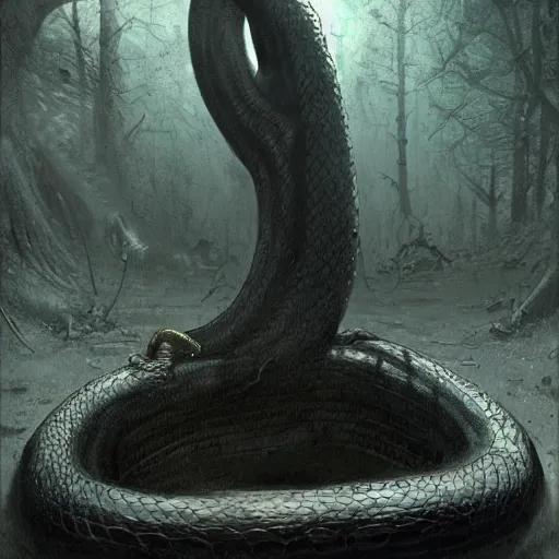 Image similar to a big anaconda in a dark grave squeezing around a buried body, cemetery, horror ,digital art,realistic,detailed,art by greg rutkowski