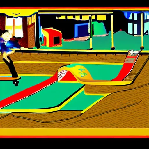 Prompt: skateboarding snake game in the style of ps 2 graphics game, video game, 2 0 0 1, thps