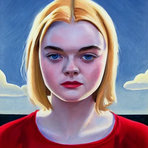 Image similar to professional painting of Elle Fanning in the style of Edward Hopper, head and shoulders portrait, symmetrical facial features, smooth, sharp focus, illustration, intricate, stormy weather, extremely detailed masterpiece,