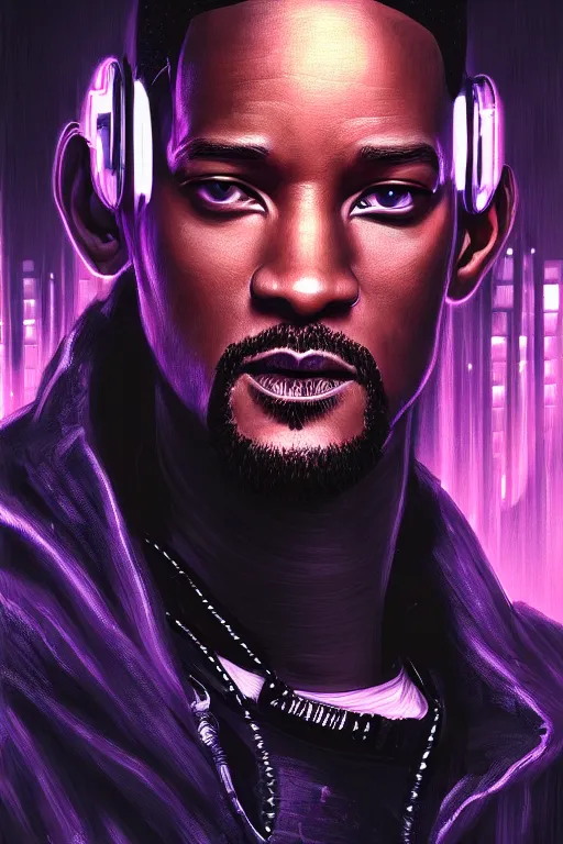 Image similar to portrait of cyberpunk will smith, grim - lighting, high - contrast, intricate, elegant, highly detailed, digital painting, artstation, concept art, smooth, sharp focus, illustration