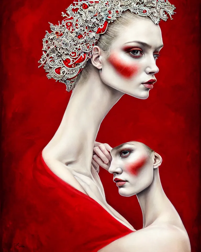 Image similar to epic professional portrait of gorgeous thin white woman with perfect face in armoured red dress, painted, intricate, detailed, by leesha hannigan, wayne haag, reyna rochin, ignacio fernandez rios, mark ryden, iris van herpen, artstation, cgsociety, epic, stunning, gorgeous, much wow.