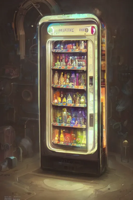 Image similar to futuristic vending machine with magic potions inside, highly detailed, 8k, rim lighting, digital painting, artstation , concept art, sharp focus, illustration, art by greg rutkowski and alphonse mucha