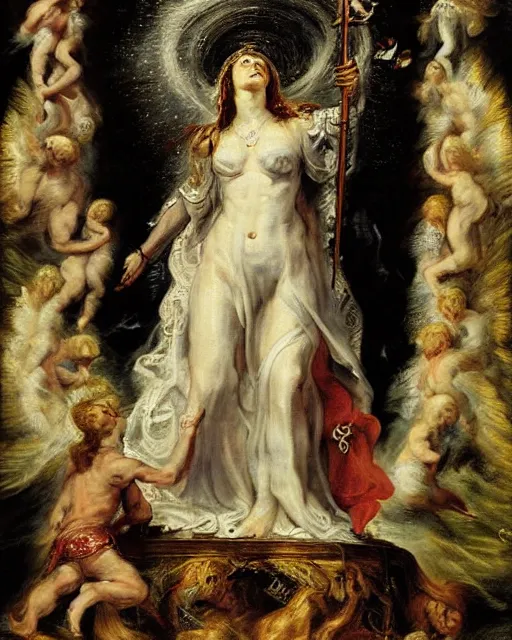 Prompt: a painting of the high priestess tarot card by peter paul rubens