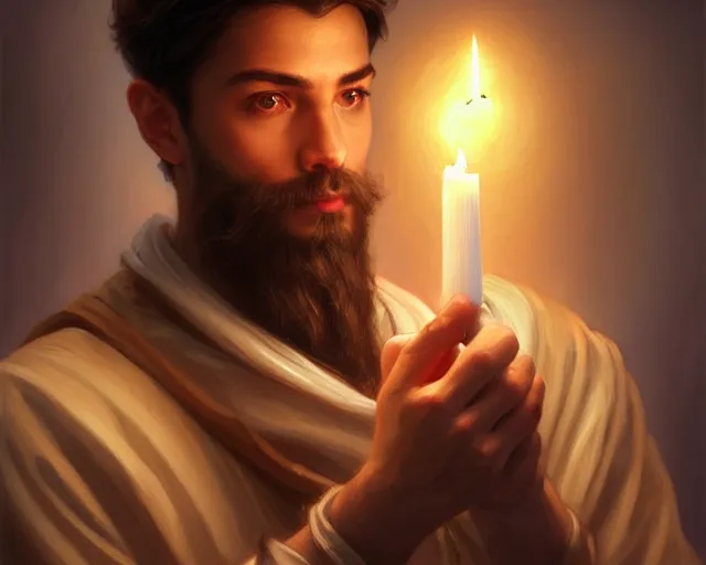 Image similar to a mind - blowing portrait of a fortune seeker male, clean shaven, holding a candle holder, wearing dark maritime clothing, intelligent, deep focus, d & d, fantasy, intricate, elegant, highly detailed, digital painting, artstation, concept art, matte, sharp, illustration, hearthstone, art by artgerm and greg rutkowski and alphonse mucha
