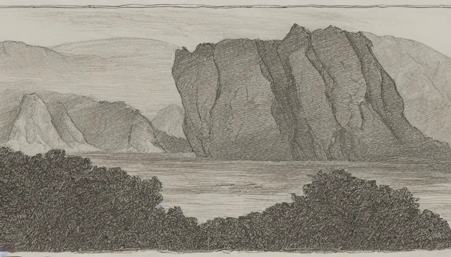 Prompt: Line drawing by John Wesley Powell of a view of a distant plateau and cliffs with vegetation in the foreground, uncolored view