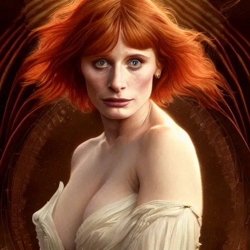 Image similar to portrait of Bryce Dallas Howard , extra onions and ketchup, luscious patty with sesame seeds, feminine ethereal, handsome, D&D, fantasy, intricate, elegant, highly detailed, digital painting, artstation, concept art, matte, sharp focus, illustration, art by Artgerm and Greg Rutkowski and Alphonse Mucha