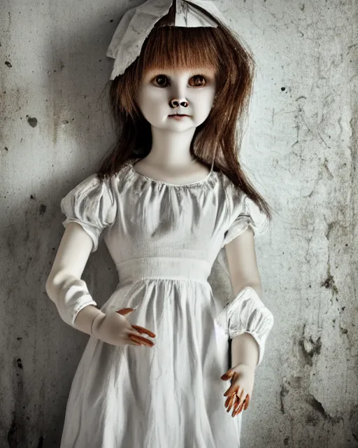 Prompt: portrait of a creepy little girl porcelain doll wearing a dirty white dress with long wet black hair standing in a filthy room in an abandoned old asylum, photo by mario testino, 8k octane render, cinematic,