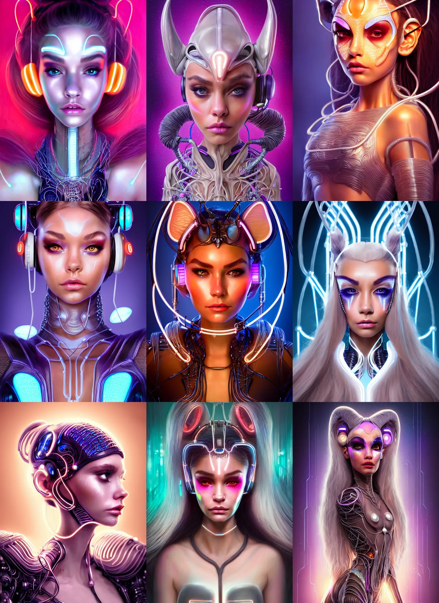 Prompt: disney weta portrait, soft lustrous ivory milk raver clowncore madison beer jungle cyborg, earbuds, tron details, sci - fi, fantasy, cyberpunk, intricate, decadent, highly detailed, digital painting, ever after high, octane render, artstation, concept art, smooth, sharp focus, illustration, art by artgerm, loish, wlop
