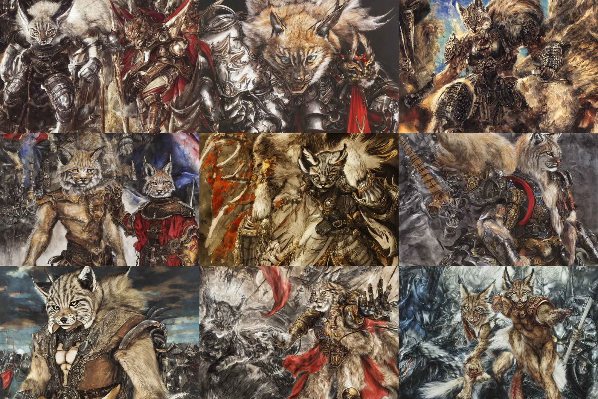 Image similar to 8k Yoshitaka Amano painting of upper body of a young cool looking lynx beast-man with white mane at a medieval market at windy day. Depth of field. He is wearing complex fantasy armors. He has huge paws. Renaissance style lighting.