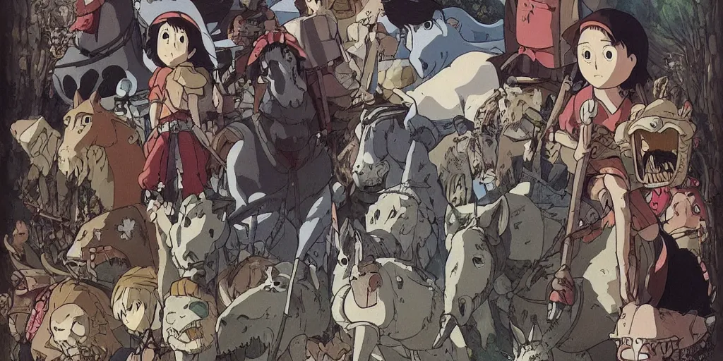 Image similar to war, horses, knights, king, a magical palace on a mountain, miyazaki's animated film, ghibli studio, spirited away, princess mononoke,