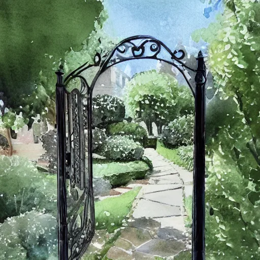 Prompt: delicate, chairs, garden, paved, botanic watercolors, iridescent, 8 k, realistic shaded, fine details, artstation, italian, iron gate, tree, mediterranean