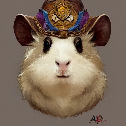 Image similar to A heraldic Prince Guinea Pig with big cute eyes, D&D, fantasy, intricate, cinematic lighting, highly detailed, digital painting, artstation, concept art, smooth, sharp focus, illustration, art by Akihiko Yoshida, Greg Rutkowski and Alphonse Mucha