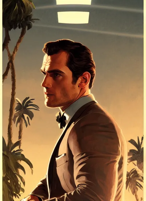 Image similar to portrait of henry cavill as james bond, key art, palm trees, vintage aston martin, highly detailed, digital painting, artstation, concept art, cinematic lighting, sharp focus, illustration, by gaston bussiere alphonse mucha