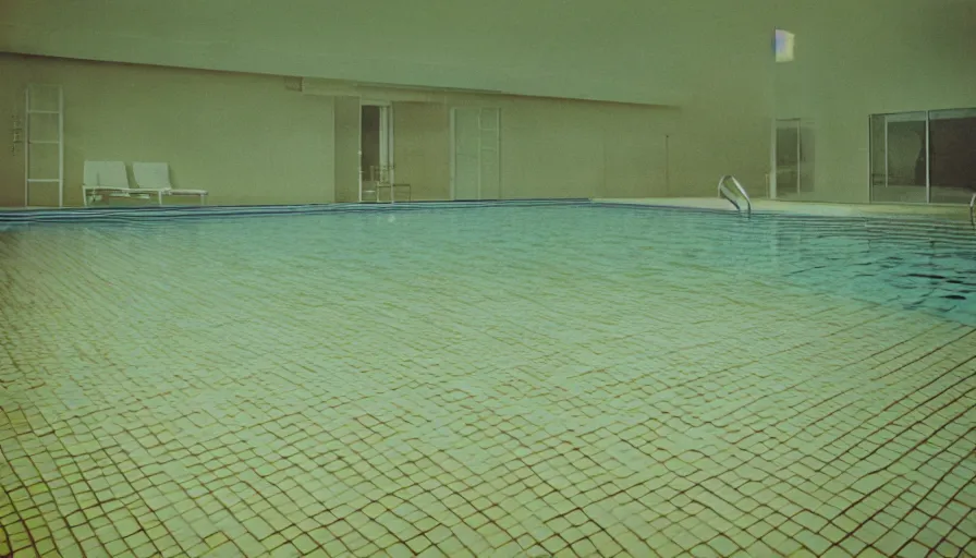 Prompt: 1 9 6 0 s movie still of empty light yellow tiles swimmingpool, low quality, liminal space style