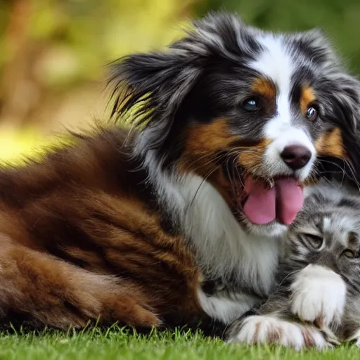 Prompt: australian shepherd cuddling with a maine coon