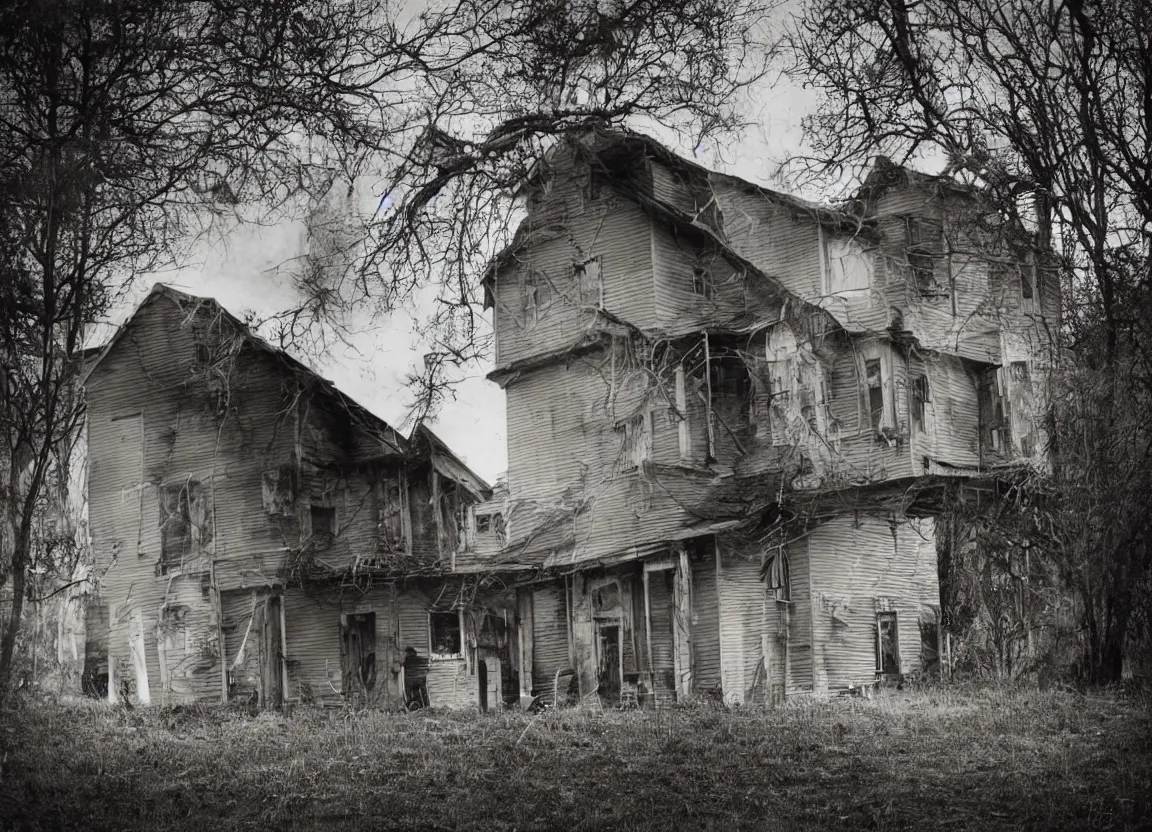 Image similar to realistic photograph of a creepy house with a poltergeist