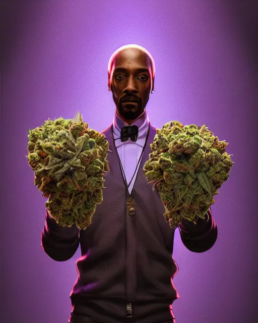 Image similar to snopp dogg holding pounds of weed turkey bags, accurate details, detailed face, purple liquid in cup glowing, fantasy, dramatic, intricate, elegant, highly detailed, digital painting, artstation, concept art, smooth, sharp focus, illustration, art by Gustave Dore, octane render