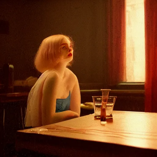 Prompt: Elle Fanning drinking blood at night at night in the world of Edward Hopper, creepy basement room, flickering lights, extremely detailed masterpiece, oil on canvas, low-key neon lighting, artstation, Blade Runner 2049, Roger Deakin’s cinematography, by J. C. Leyendecker and Peter Paul Rubens,