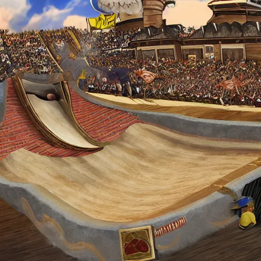 Prompt: roman chariot racing in a skate park half-pipe, video game cover