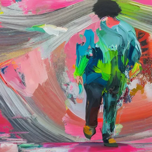 Image similar to _ in _ these _ paintings _ we _ see _ a _ big _ man _ who _ seem _ to _ be _ walking _ in _ circles in an empty void space, 4 k, in the style of ben quilty, hyper realism, minimal green and pink palette, medium shot, oil paint with thick brushstrokes of paint, impasto, detailed,