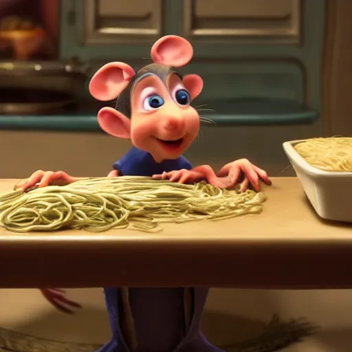 Image similar to remy from ratatouille making pasta, cinematic, dramatic, color grading, photojournalism, colorful, highly detailed