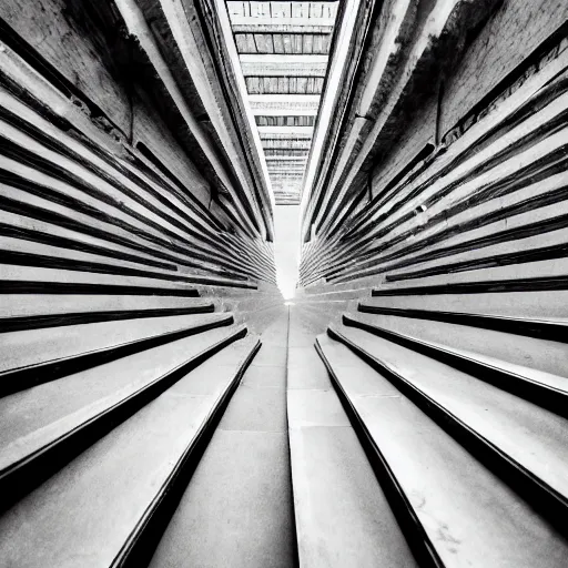 Image similar to black and white press photograph, highly detailed vast space made of stairsteps, detailed textures, natural light, mist, architecture photography, film grain, soft vignette, sigma 1 4 mm f / 1. 4 1 / 1 0 sec shutter, darren aronofsky film still promotional image, imax 7 0 mm footage