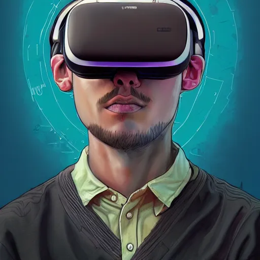 Image similar to portrait painting of a 9 0 s gamer with a vr headset on, sharp focus, award - winning, trending on artstation, masterpiece, highly detailed, intricate. art by josan gonzales and moebius and deathburger