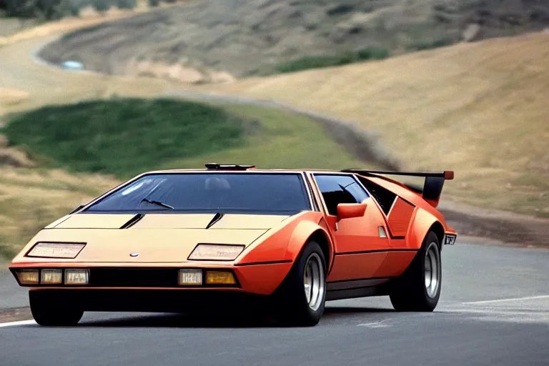 Prompt: 1975 De Tomaso Pantera BMW M1 Countach, movie still, speed, cinematic Eastman 5384 film