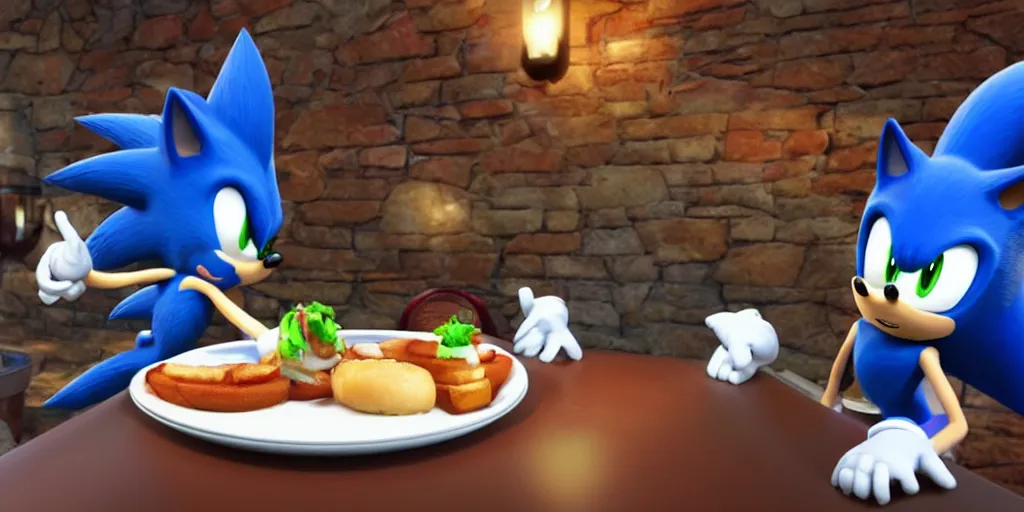 Image similar to A render of Sonic the Hedgehog sitting across from Shadow the Hedgehog at a restaurant, Sonic looks like he is shocked, Shadow is looking away in disgust, they both have hamburgers in front of them on a plate, movie, HDR, moody lighting, unique camera angle