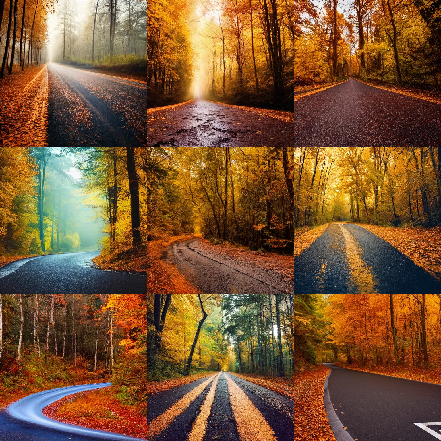 Prompt: a stunning still photo of an asphalt wet road passing trough a forest in autumn, golden hour, reflaction, photography, realistic, low angle, 3 5 mm, high definition