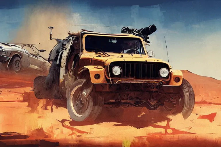 Prompt: digital illustration of mad max's fj 4 0 pursuit special, the last v 8 interceptor by makoto shinkai, ilya kuvshinov, lois van baarle, rossdraws, basquiat